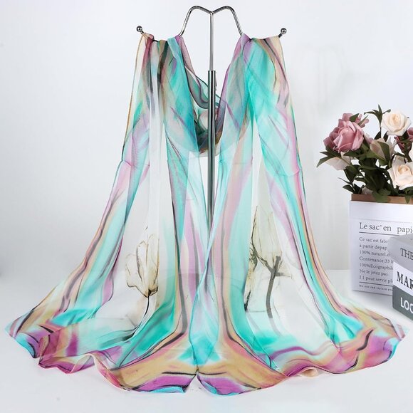 Women's Lake Green Fashion Lightweight Head Scarf Floral Print Chiffon Scarves - Picture 3 of 7